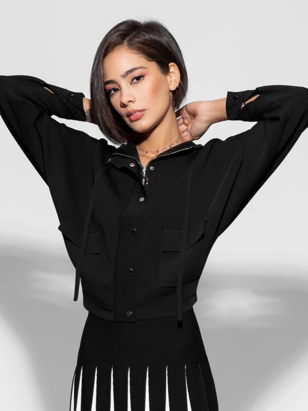 Snap-front Loose Knit Hooded Jacket